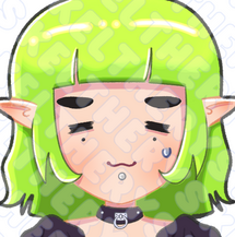 Image is an illustration of an emote. It is made in Kel's image. The chibi version of Kel has her green hair and white skin. They are facing straight forward. Their eyes are two thin lines and the mouth is shaped like the letter 'w'. There is a tiny sweatb