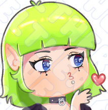 Image is an illustration of an emote. It is made in Kel's image. The chibi version of Kel has her green hair and white skin. They are blowing a kiss that is visualised by a small pink heart.