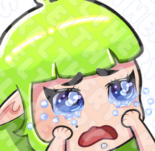 Image is an illustration of an emote. It is made in Kel's image. The chibi version of Kel has her green hair and white skin. It is zoomed in on the face. The blue eyes are very large and stylized to be watery with tears drops flying out. The mouth is wide